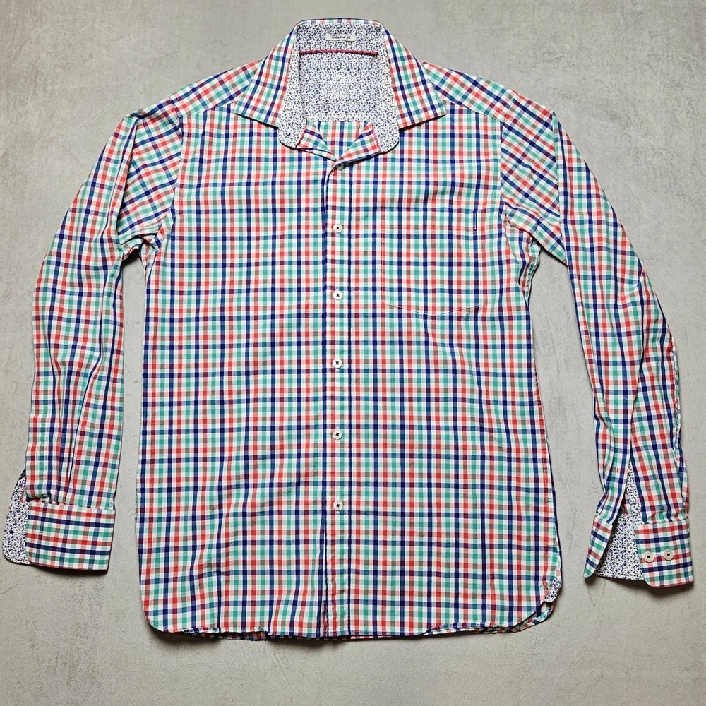 Bugatchi Uomo Mens S Shaped Fit Gingham Plaid Floral Button Down Shirt